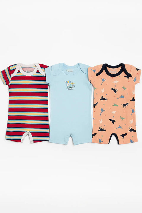 Baby Short-Leg Romper Pack Of 3 Multi Design Blue