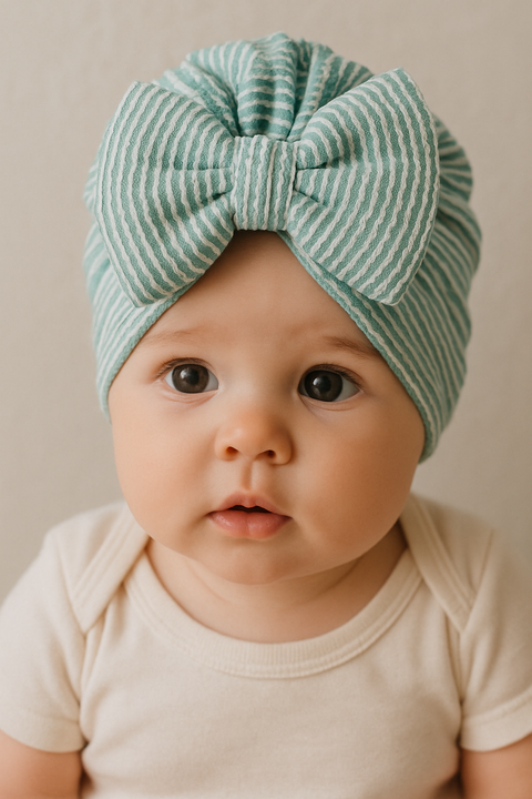Baby Girl Textured Turban Hat With Oversized Bow “ Soft Ribbed Cotton Knit