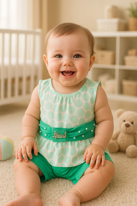 Mint Polka Pearl Baby Set “ Sleeveless Peplum Romper For Girls