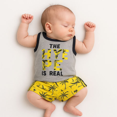 Baby Boy Summer Tank Set   'The Hype Is Real' Graphic Top With Yellow Palm Tree Shorts