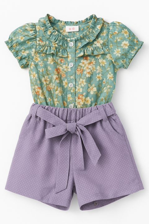 Girls’ 2-Piece Floral Top And Bow Shorts Set “ Green & Lavender