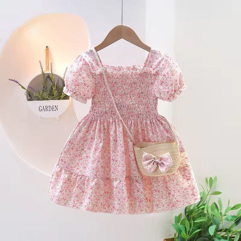 Blush Pink Floral Smocked Dress With Matching Bow Purse