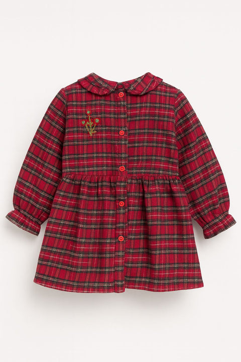 Holiday Plaid Charm: Baby Girl Red Tartan Dress With Embroidered Detail