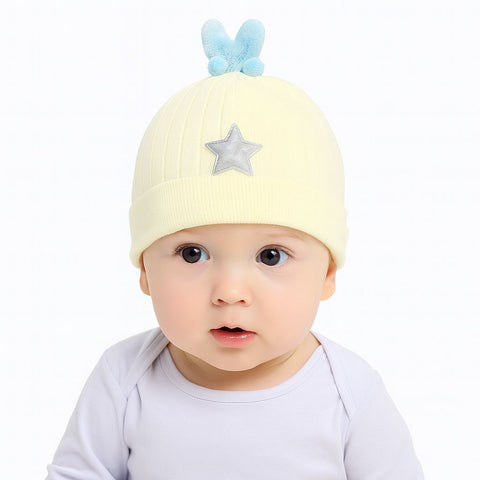 Starry Dreams Baby Beanie   Soft Yellow Knit Hat With Silver Star And Blue Top Knot