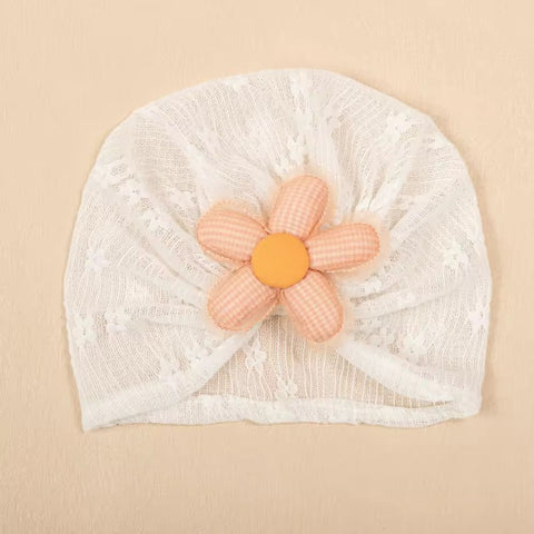 Blossom Lace Baby Turban   Soft White Lace Hat With Plush Gingham Flower Accent