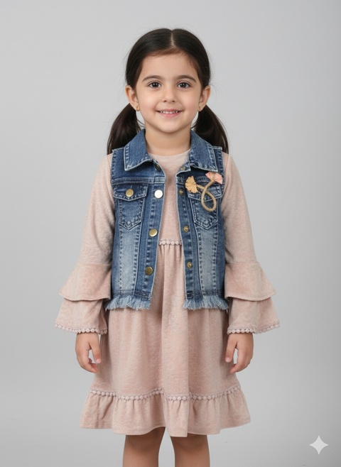 Baby Girl Velvet Dress With Denim Jacket Set