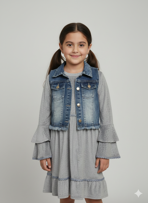Baby Girl Velvet Dress With Denim Jacket Set